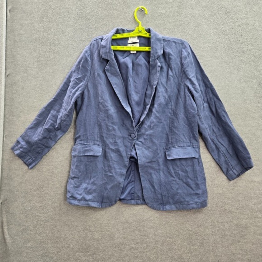 Halston Women Jacket‎ Large Blue Blazer 100% Linen Button Up Pockets Long Sleeve